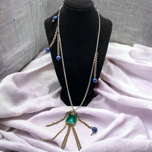 Hearts Charms Green Rectangle Glass Pendant Blue Sodalite Beads Chain Necklace!